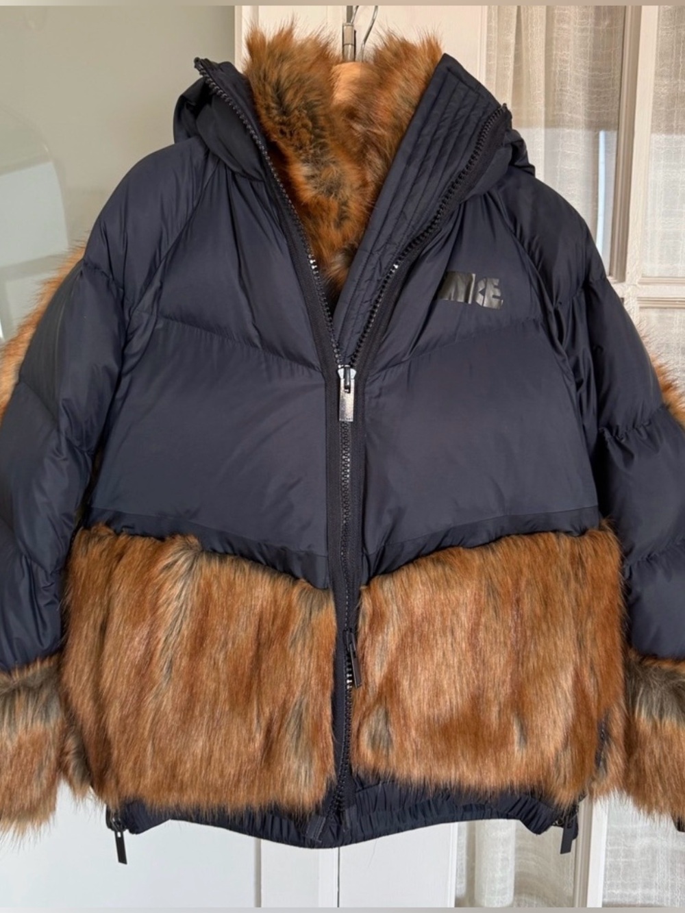 Nike x Sacai Navy and Brown Faux Fur Women’s Puffer Jacket